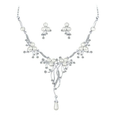 Wedding Faux Pearls Rhinestone Necklace Water Drop Earring Jewelry Set Pip